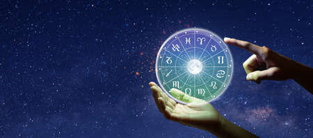 Astrological zodiac signs inside of horoscope circle. Astrology, knowledge of stars in the sky over...