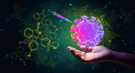 Scientistâ€™s hand holding 3D render of Coronavirus and Vaccine syringe over Organic chemistry...