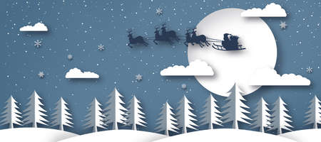 Illustration of Santa Clause flying on their reindeer over the full moon. Paper art landscape of Christmas and Happy new year.の写真素材
