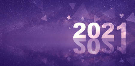 Happy New Year 2021 with Milky way background. Copy space and Panoramic horizontal design.