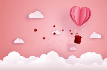 Origami of hot air balloon flying over sky and cloud with floating hearts.のイラスト素材