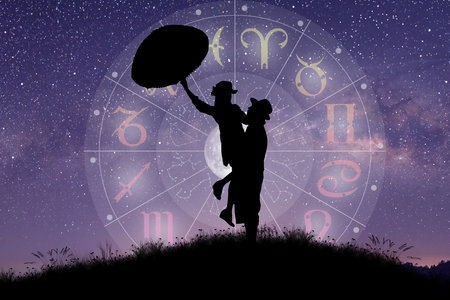 Astrological zodiac signs inside of horoscope circle. Couple singing and dancing over the zodiac wheel and milky way background. The power of the universe concept.の写真素材