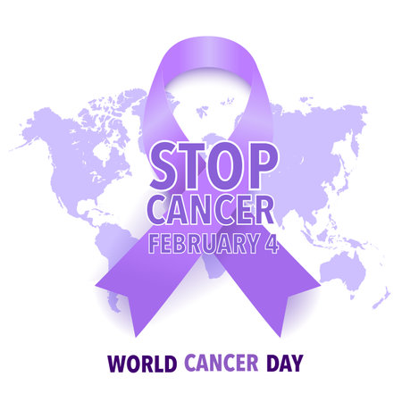 World Cancer Day Concept, February 4. Lavender Awareness Ribbon with World map Background in Lavender Colour. Poster or Banner Background. Vector Illustration.のイラスト素材