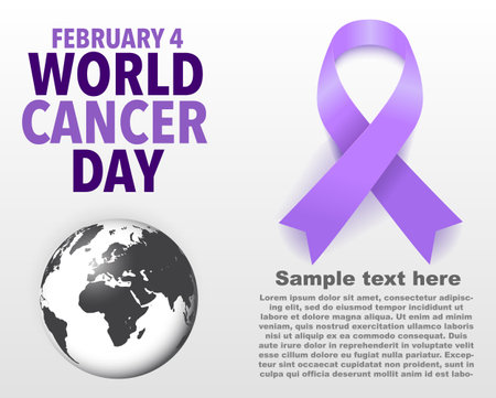 World Cancer Day Concept, February 4. Lavender Awareness Ribbon and Globe. Poster or Banner Background. Vector Illustration.のイラスト素材
