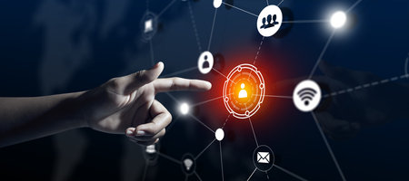 Close up of businessman using finger touch Network Structure on Hologram Screen with World map...