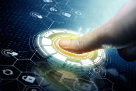 Businessman using fingerprint scan. Fingerprint scan provides access with biometrics identification....
