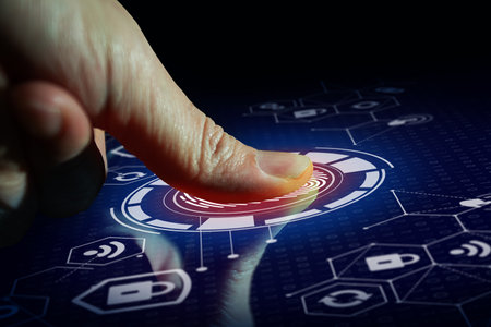 Businessman using fingerprint scan. Fingerprint scan provides access with biometrics identification....