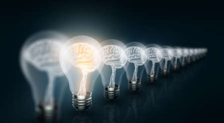 Light bulbs with brain inside and glowing one different idea on deep blue background. Business...