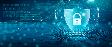 Shield with Padlock icon on Circuit board and Network wireframe with binary code over blue...