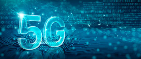 5G network internet mobile wireless. 5G Technology Network Digital Hologram on computer circuit...