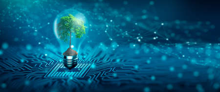 Tree with soil growing on  Light bulb. Digital Convergence and and Technology Convergence. Blue...