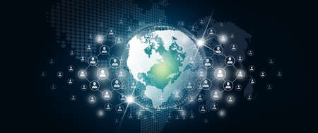 World business, People and Network connection concept. Global connection with connecting people orbit around the world. Code programming, Digital binary and World map background in deep blue color.の写真素材
