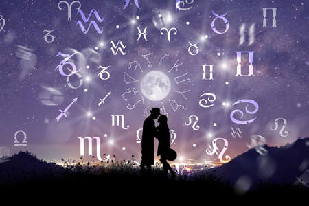 Astrological zodiac signs inside of horoscope circle. Couple singing and dancing over the zodiac...