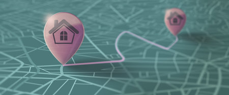 GPS Navigation Street Map with Golden Home Pin icon. Map and pin marker location, Travel and Navigation GPS Concept. 3D Render.の写真素材