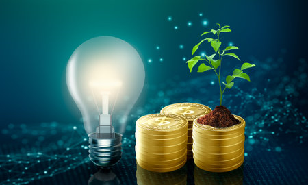 Light bulb with growing young plant, soil, and stacks of golden dollar coin. Energy saving, accounting, financial, nature ecology, green ecology, power saving, and environmental technology concept.の写真素材