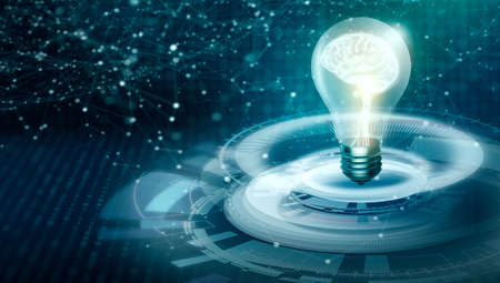Light bulb on Futuristic technology convergence. Idea of new idea with innovative digital technology and creativity. Creative and innovation inspiration. Business Bright idea concept. 3D Render.の写真素材