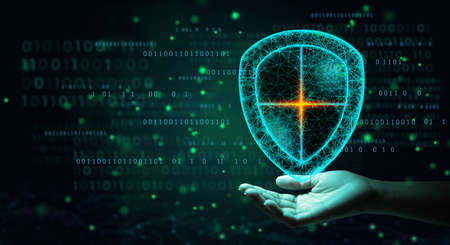 Antivirus shield icon on hand of businessman using Cyber Security Privacy or Information Privacy to block a cyber attack. Network security system concept.の写真素材