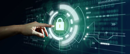 Businessman finger  with Cyber Security Privacy Futuristic hologram. Information or Network...