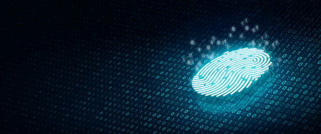 Future security technology. Fingerprint scan provides security access with binary code on deep blue...