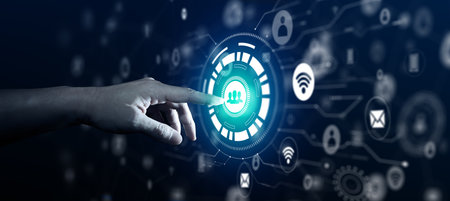 Businessman using finger on Virtual screen of Social Media. Social Media Communication Internet Network Connection Concept.の写真素材