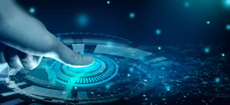 Businessman using fingerprint scan. Fingerprint scan provides access with biometrics identification on the digital convergence. Technology, Security and identification concept.の写真素材