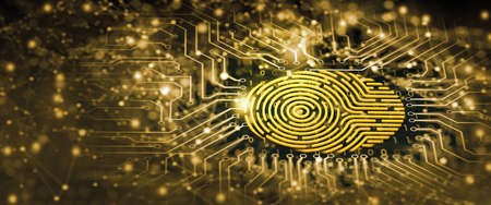 Future security technology. Fingerprint scan provides security access in DOF. Fingerprint Security Concept. 3D Render.の写真素材