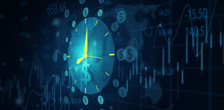 Illustration of Clock with dollar icon on business financial stock exchange screen display.の写真素材