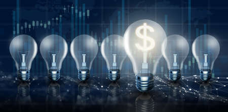 Illuminated light bulb in a row. One different Glowing with dollar sign inside on stock market graph background. Money making idea and Growth of dollar exchange rate Concept. 3D Render.の写真素材