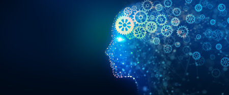 Human head with a luminous cog wheel. Creative brain gear, idea, intelligence, imagination, and inspiration. Analysis information, Cyber mind, Business strategy and intellectual property Concept.の写真素材