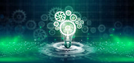 Light bulb with cog inside. Business idea bulb gear mechanism icon network connection with Creativity, Imagination, inspiration. Innovation, Leadership, Teamwork, Idea, Vision, and Plan Concept. 3D Render.の写真素材