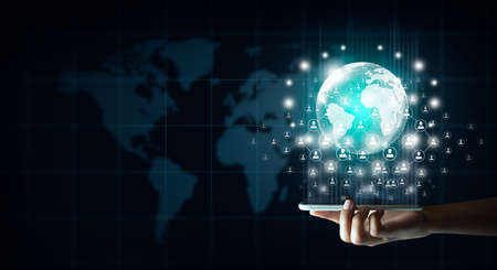 Hand hold mobile with Global digital connection. World map and Technological Convergence Background....