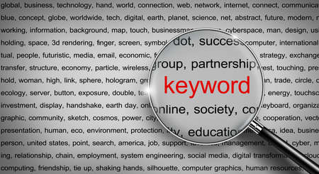 Magnifying glass zoom to KEYWORD with red for SEO search engine optimization and web analytics. Searching internet data information network, Word cloud form , Keyword research. 3D illustration.の写真素材