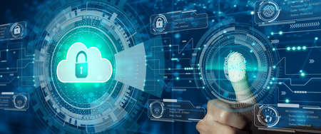 Businessman use finger scan on Cloud with Padlock icon on network connection. Digital technology background. Cloud computing, Cloud security, Cloud Technology, and Network security concept.の写真素材