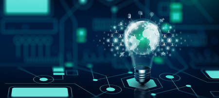 Light bulb global business technology and People network community. Idea connection and idea for...