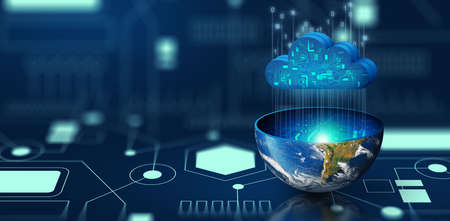 Cloud computing technology on Digital world. Abstract blue background with Converging point of circuit. Cloud Service, Cloud Storage Concept. 3D illustration.の写真素材