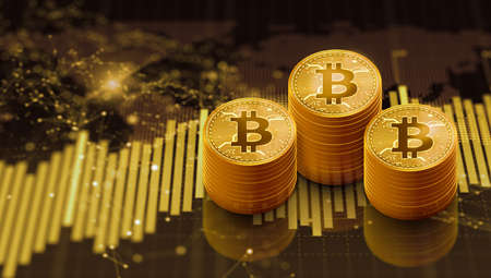 Bitcoin gold coin with growth stock graph and chart background. Virtual Cryptocurrency, Network bitcoin marketing, and Blockchain technology. 3D illustration.の写真素材