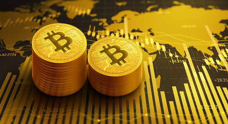 Bitcoin gold coin with growth stock graph and chart background. Virtual Cryptocurrency, Network bitcoin marketing, and Blockchain technology. 3D illustration.の写真素材
