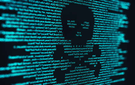 Abstract Modern tech of Programming code screen with skull. Computer Virus, Malware, and Hacker Attack Concept.の写真素材