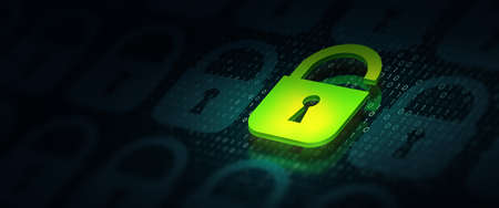 Padlock virus with threat of hacker on Binary background. Online data security system and network cyber security technology. Cybersecurity, managed services, identity, information privacy Concept.の写真素材