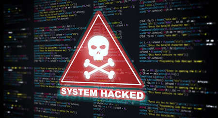 Abstract Modern tech of Programming code screen with Warning alert of System hacked. Virus, Malware, Cyber attack, and Internet cyber security Concept. 3D illustration.の写真素材