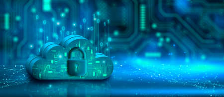 Cloud computing technology and padlock security icon. Internet Storage on data network with technology background. Security, Cloud Service, Cloud Storage Concept. 3D illustration.の写真素材