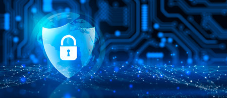 Shield with Padlock icon on Circuit board and Network wireframe with binary code over blue background abstract. Cyber attack block, Cyber data, and Information privacy Concept. 3D Rendering.の写真素材