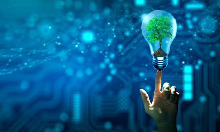 Hand holding Tree growing in light bulb. Ecology and Technology Convergence. Green Computing, Green Technology, Green IT, csr, and IT ethics Concept.の写真素材