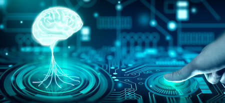 Protect intellectual property with Biometric security. Converging point of light bulb with glowing human brain inside. Intellectual property protection or Patent idea protection Concept. 3D Rendering.の写真素材