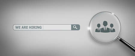 We are Hiring search with Magnifying Glass. Career employment hiring job recruitment. Choosing businessman and Business recruiting Concept. 3D illustration.の写真素材