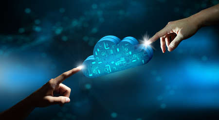 Businessman hands pointing Cloud computing technology internet storage network. Cloud service, Cloud technology, and Cloud storage Concept.の写真素材