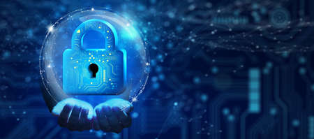 Business Hand holding Padlock with Keyhole and Network wireframe over blue background abstract. Cyber attack block, Cyber data, and Information privacy, and Future technology security Concept.の写真素材