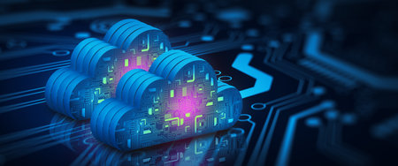 Cloud computing technology internet on Converging point of circuit with Abstract blue background....