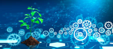 Green Plant sprout on soil with Cogwheels. Blue light and Technology background. Biotechnology, Biology, Ecology and Modern technology Concept.の写真素材