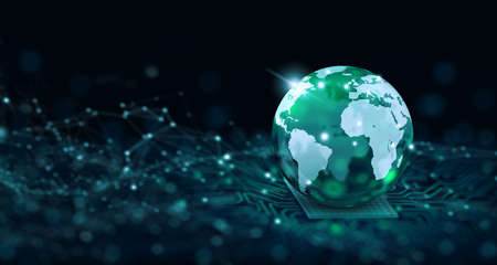 Digital crystal world on the converging point of circuit. Future of the internet and technology. Global Social Network and Business Connection Concept. 3D illustration.の写真素材